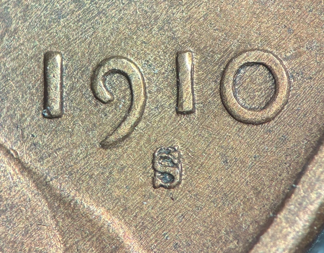 1910-S/S RPM FS-502 error showing secondary S mint mark impression above primary S mint mark under magnification
