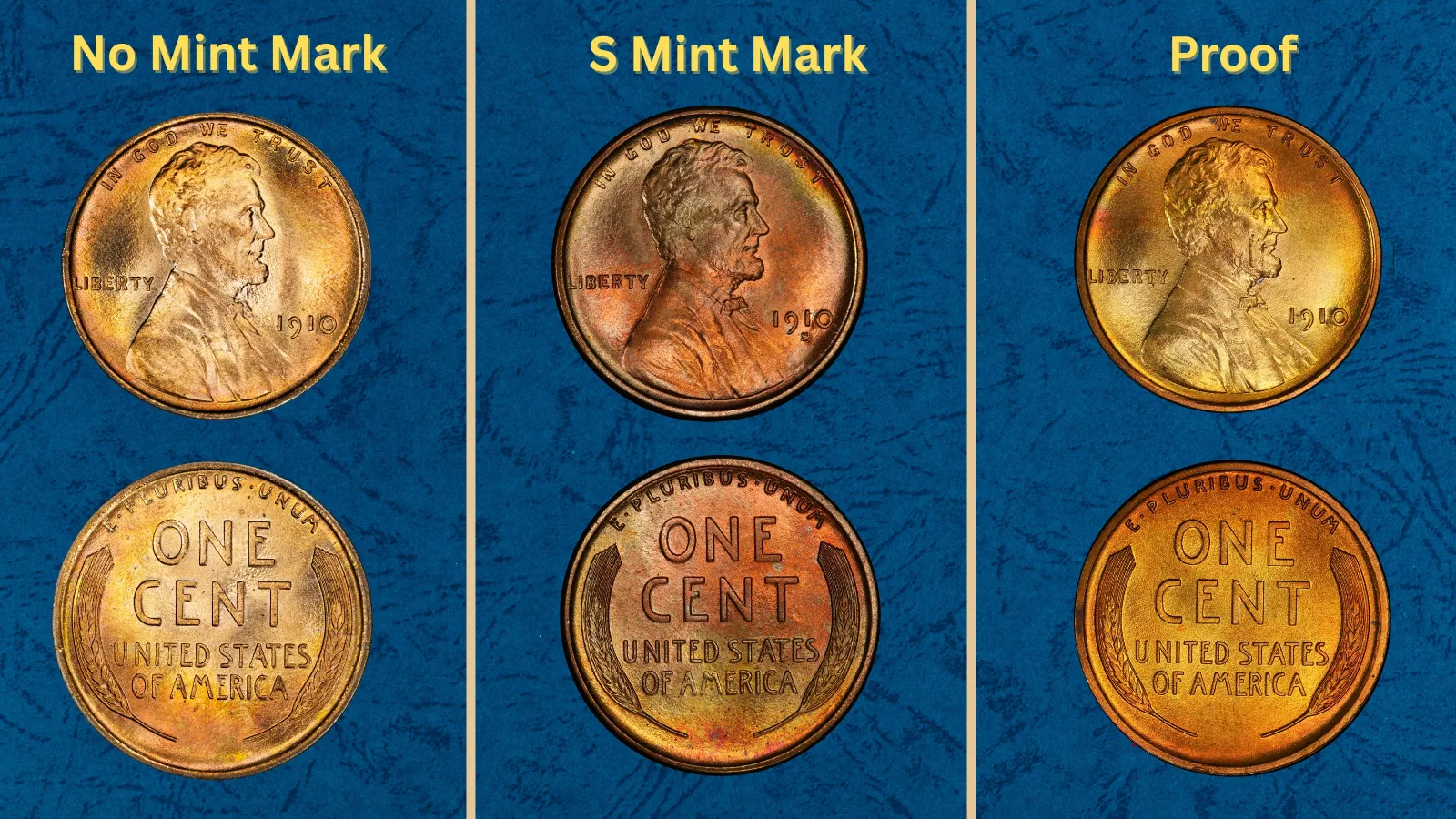 Grading strip showing 1910 wheat pennies in Good, Fine, Extremely Fine, and Mint State condition levels